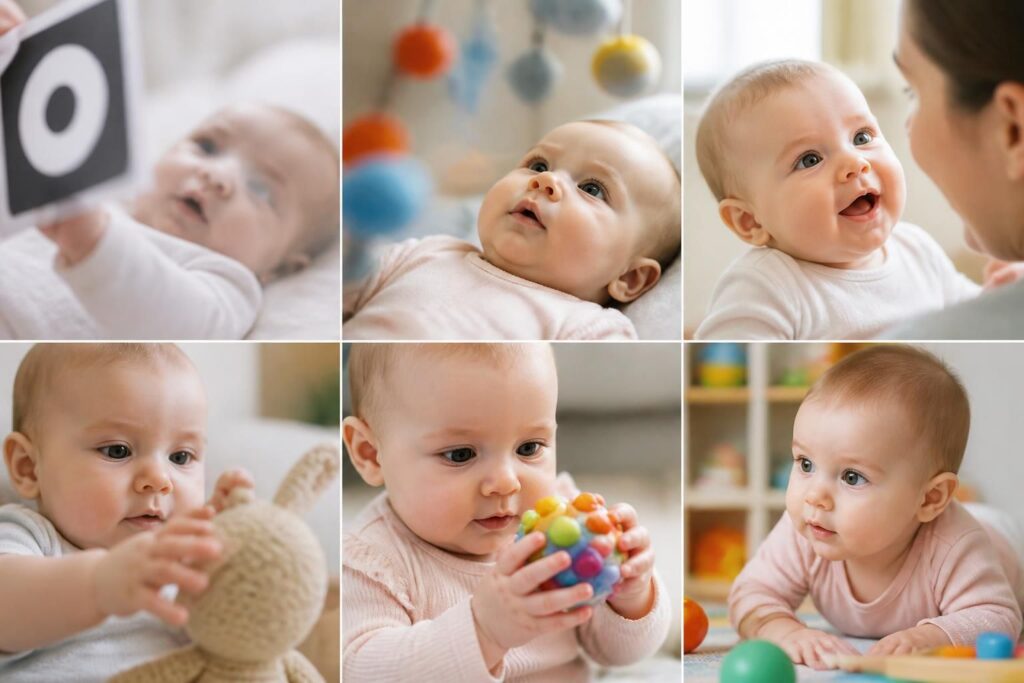 découvrez l'évolution de la vision de votre bébé mois par mois, de 1 à 6 mois, et comprenez comment sa vue se développe au fil du temps.