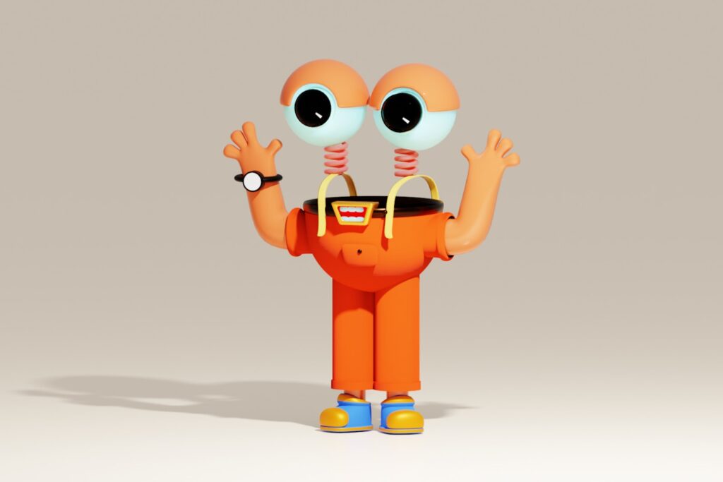 an orange cartoon character with two eyes and a backpack