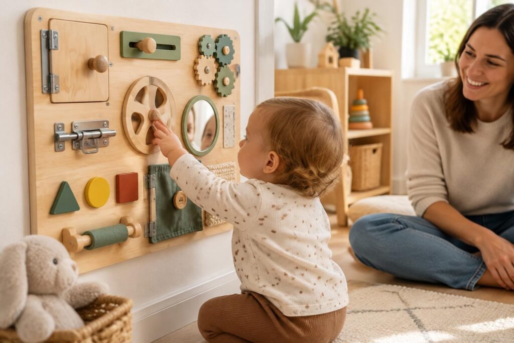 découvrez des idées et modèles de busy board montessori en français pour stimuler l’éveil, la motricité et l’autonomie des enfants de 1 à 2 ans.